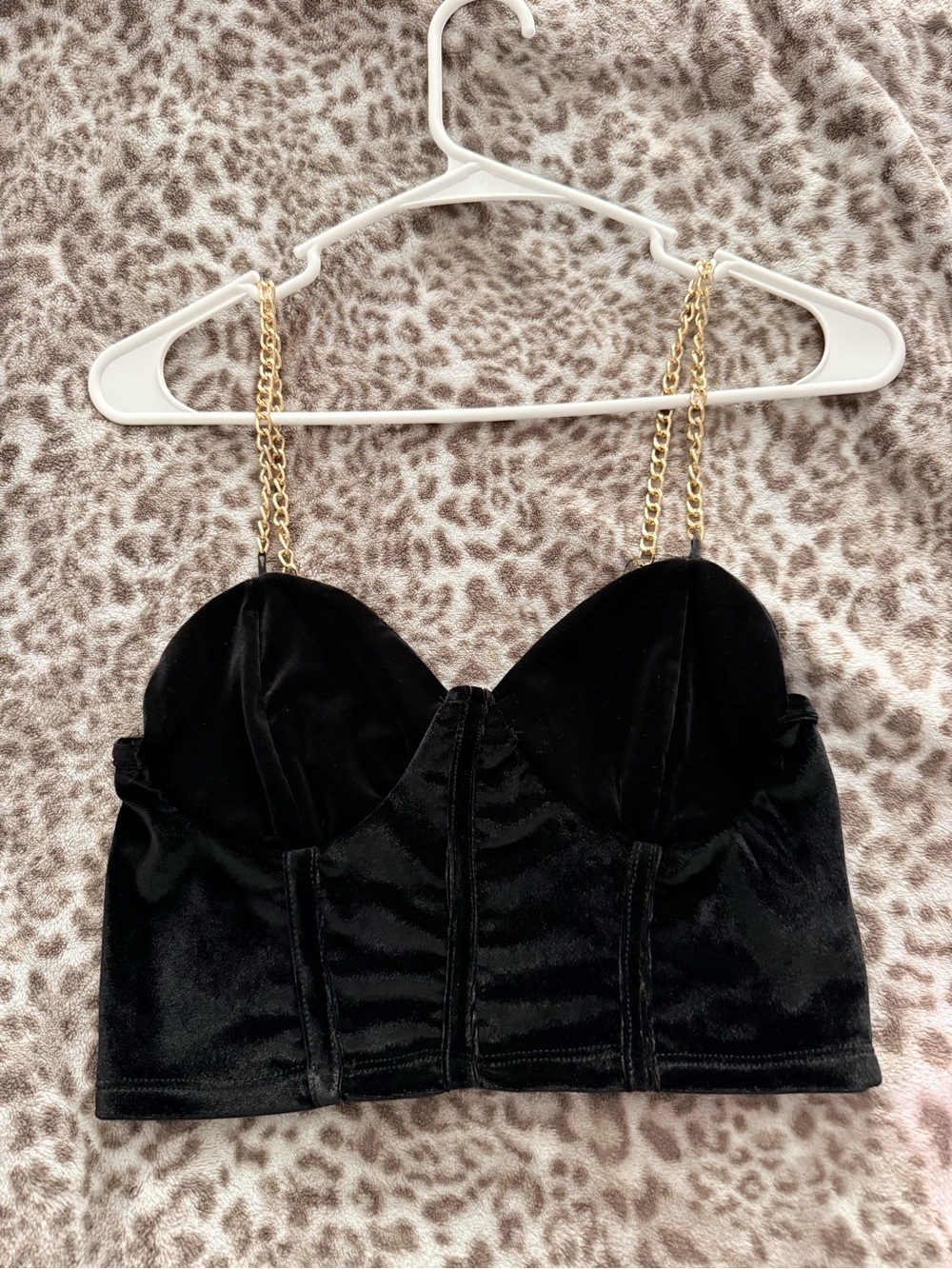 Black Velvet Bustier Crop Top with Gold Chain Straps